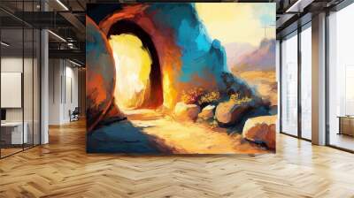 Easter Jesus Christ rose from the dead. Sunday morning. Dawn. The empty tomb in the background of the crucifixion. Happy easter. Christian symbol of faith, art illustration painted oil style Wall mural