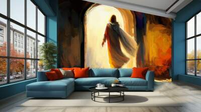 Easter Jesus Christ rose from the dead. Sunday morning. Dawn. The empty tomb in the background of the crucifixion. Happy easter. Christian symbol of faith, art illustration painted oil style Wall mural