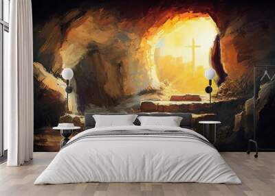 Easter Jesus Christ rose from the dead. Sunday morning. Dawn. The empty tomb in the background of the crucifixion. Happy easter. Christian symbol of faith, generative ai Wall mural