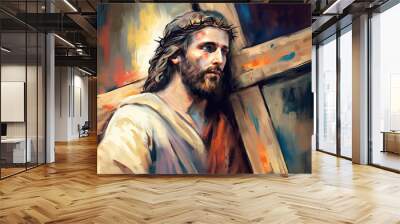 Jesus Christ carrying a heavy wooden cross to Calvary, Good Friday, Holy Easter, art painting, Happy easter. Christian symbol of faith, generative ai Wall mural