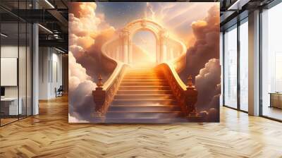 stairway to heaven in glory, gates of Paradise, meeting God, symbol of Christianity, generative ai Wall mural