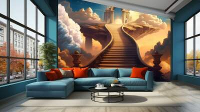 stairway to heaven in glory, gates of Paradise, meeting God, symbol of Christianity, generative ai Wall mural