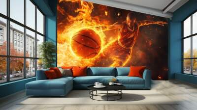 A basketball player in action, captured mid-air with the ball in their hand and flames surrounding them, creating an intense visual effect. Wall mural