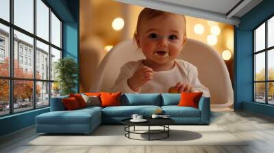 A cute baby sitting in a high chair, eating cookies. The room is cozy, with lights in the background and warm colors. It's a wide shot, with a cinematic feel. Wall mural