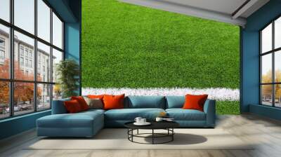 a fragment of a football field with an artificial grass with a drawn white line, source or wallpaper Wall mural