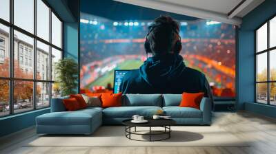 a sports broadcaster sits by his computer looking towards a huge stadium Wall mural