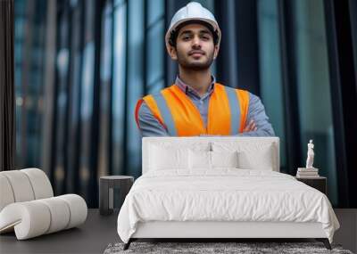 A young Arab man wearing an orange safety vest and hard hat, standing with his arms crossed in front of a modern building, with a confident expression on his face. Wall mural