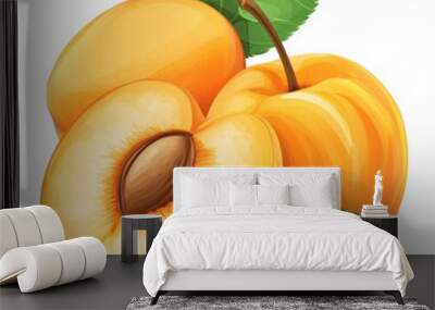 Apricot with two halves, in a vector style, on a white background, with no shadows on the leaves or fruit, and no text in the design, and no color outside the peach Wall mural