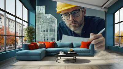 Architect in a yellow helmet and glasses studies the blueprints of a white model of a building. He holds a pen in his hand and works on a plan for a construction project of a modern building complex Wall mural