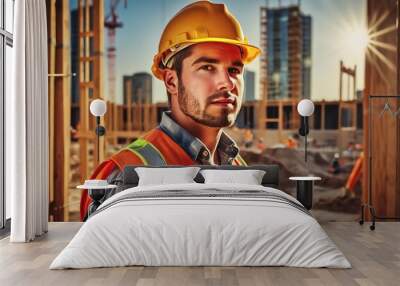 Builder's day. a construction worker at a construction site. a man at a construction site Wall mural