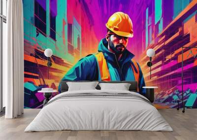 Builder's day. a construction worker at a construction site. a man at a construction site Wall mural