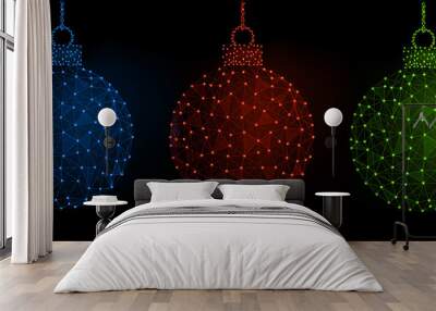 Christmas balls abstract geometric image, wireframe mesh polygonal vector illustration made from points and lines on a dark blue background Wall mural