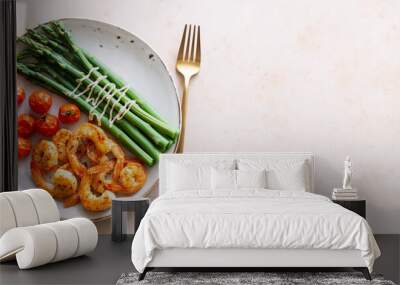 Fried shrimp with asparagus and tomatoes. Healthy eating. Diet. Wall mural