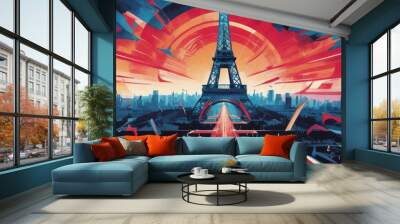 Colorful fireworks in Paris, Eiffel Tower. The Arc de Triomphe on Bastille Day. The famous Eiffel Tower and beautiful fireworks during the celebration of France's national holiday - Bastille Day Wall mural