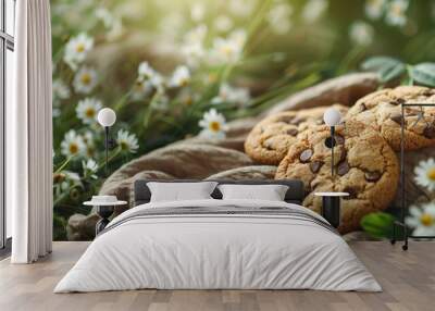 cookies on picnic blanket, outdoor, spring background Wall mural