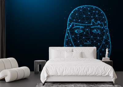 Girl head poly design, female face abstract geometric image, girl wireframe mesh polygonal vector illustration made from points and lines on dark blue background Wall mural