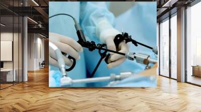 Hands of surgeons with the help of endoscopic equipment and instruments operate. performing laparoscopic surgery using endoscopic and laparoscopic instruments. laparoscopic instrument.  Wall mural