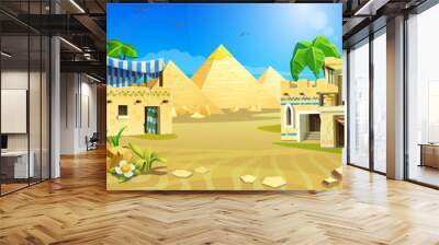 An ancient Egyptian town with stone houses, high temples. The ancient pyramids are visible against the background of the Arab village. Wall mural