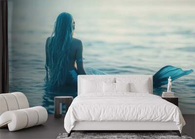 Long haired mermaid on the surface of the ocean looking towards the sunset Wall mural