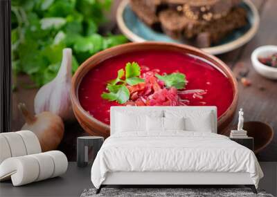 Borscht, ukrainian red Beetroot soup, vegan vegetable comfort food bowl Wall mural