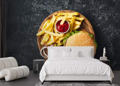 Burger, hamburger or cheeseburger served with french fries, pickles and onion on wooden board. Top view. Fast food concept Wall mural