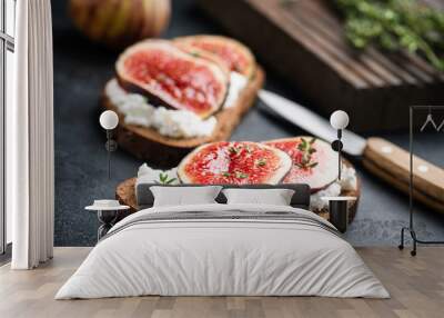 Rye bread snack toast with soft white cheese and figs. Healthy vegetarian appetizer Wall mural