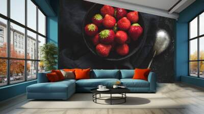 Still life of fresh strawberries on black concrete background, top view Wall mural