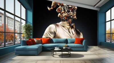 Futuristic robotic character with mechanical structure and detailed design wearing a sleek golden outfit against a dark background, showcasing technology and creative innovation in sci-fi illustration Wall mural