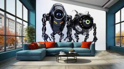 Two black futuristic robots, one with tall oval body and one with horns, featuring blue and green eye accents, isolated on white background

 Wall mural