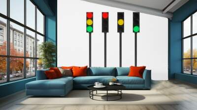 set of four traffic lights with signals of different colors isolated on white background. Mock-up or source. 3d render Wall mural