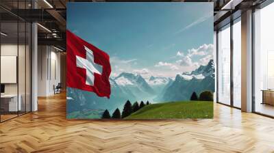 Swiss flag and mountain range on a sunny summer day with blue sky and clouds. Confederation Day is a national holiday in Switzerland Wall mural