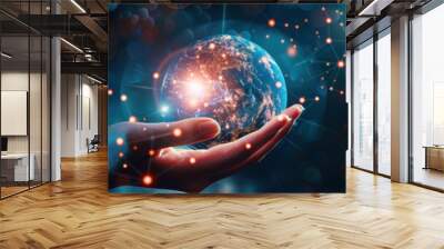 The planet earth is in the hands of man. The planet is filled with information. International Day of Universal Access to Information. search for information. information mining. Wall mural