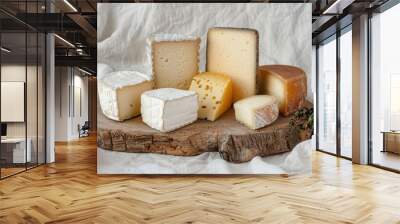 Variety of different types and shapes of cheese are arranged on an elegant wooden board, with one piece slightly melted to show its creamy texture. The background is a soft white linen fabric Wall mural