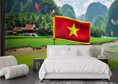 Vietnam's Independence Day. a holiday in Vietnam.the Vietnamese flag. the Vietnamese flag on the background of Vietnamese nature. Vietnamese nature Wall mural