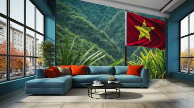 Vietnam's Independence Day. a holiday in Vietnam.the Vietnamese flag. the Vietnamese flag on the background of Vietnamese nature. Vietnamese nature Wall mural