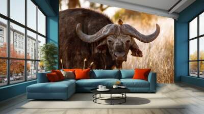 Wonderful portrait of Kenya buffalo with Yellow-Billed Oxpecker. Tsavo West National Park. Kenya Wall mural