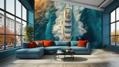 Yacht in the ocean. Aerial view of a luxury floating ship on the open ocean. Colorful landscape with a boat in the ​blue sea. Luxury cruise. Travel concept Wall mural