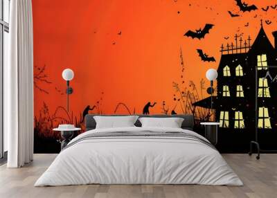 A vector illustration of a haunted house with spooky silhouettes of bats, ghosts, and pumpkins. The background is a gradient of orange and red, banner with free empty copyspace for text Wall mural