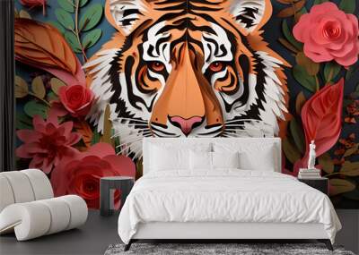 Abstract tiger head isolated on color modern background. Creative 3d concept in craft paper cut style. Colorful minimal design character. Flowers tropical bright colors, Asian culture Wall mural