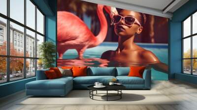 African American woman swimming with pink real flamingo in a pool, hotel, bright, concept of freedom, relax in exotic resort, ethnic, unusual, self care, AI Generated. Wall mural