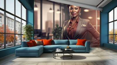 African businesswoman standing, looking at the camera and smiling. Concept of education and business idea, office space on background, AI Generated Wall mural