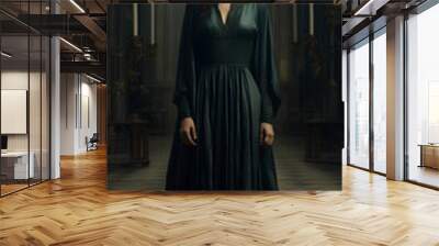 Beautiful seductive woman with dark makeup and elegant vintage sexy dress posing in a church. Scary and glamorous portrait of a female in gothic fashion. Concept of horror and fantasy. Wall mural