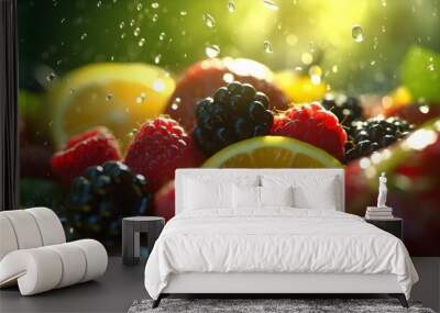 Fresh tasty wild berries mix, citrus, blackberries and raspberries with leaves on a table, water splashing around, rain drops, bright sunlight, bokeh natural background, banner, AI Generated Wall mural