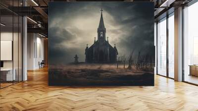 gothic abandoned dark church exterior. mystic, horror, surreal, dramatic scene. halloween realistic  Wall mural