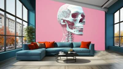 Half body of human skeleton anatomic model, realistic skull, smiling Bone model for medical student or patient education and information on color modern background and copy space Wall mural