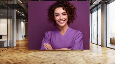 Happy smiling young female nurse in purple scrubs isolated on violet modern color background studio portrait. Healthcare personnel medicine, beauty care, physiotherapy concept, banner,  AI Generated. Wall mural