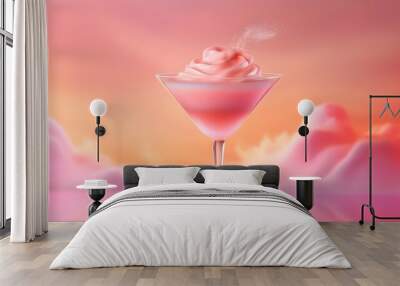 Minimal summer dream concept with martini glass Cosmopolitan cocktail drink and dreamy clouds on pink sunset sky background. Fashion, party, dreaming creative idea with copy space. AI Generated. Wall mural