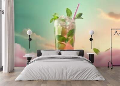 Mojito cocktail on modern pink pastel sky background with hard shadows, sunlight, dreamy summer concept. Close-up. Generative Ai content Wall mural