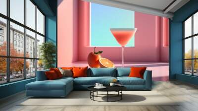 Pink daiquiri alcoholic summer cocktail on a modern pink background with sunlight from the window, ai generative Wall mural