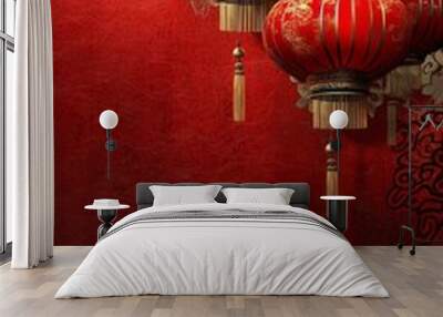 Red lanterns with intricate Chinese patterns and decorations, capturing the festive spirit of Chinese New Year with rich red and gold colors, holiday backgrounds, banner copyspace Wall mural